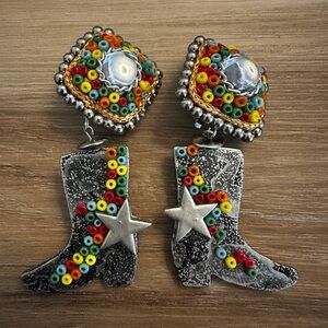 Cowboy Boot Dangle Clip On Earrings Handcrafted